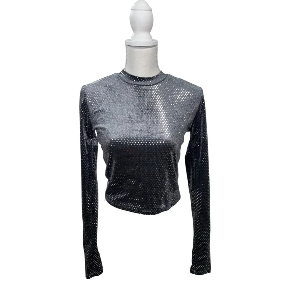 NWT GLAM Gray M Sparkly Crop Top Long Sleeve Party Shirt Bling‎ Disco Baddie Y2K